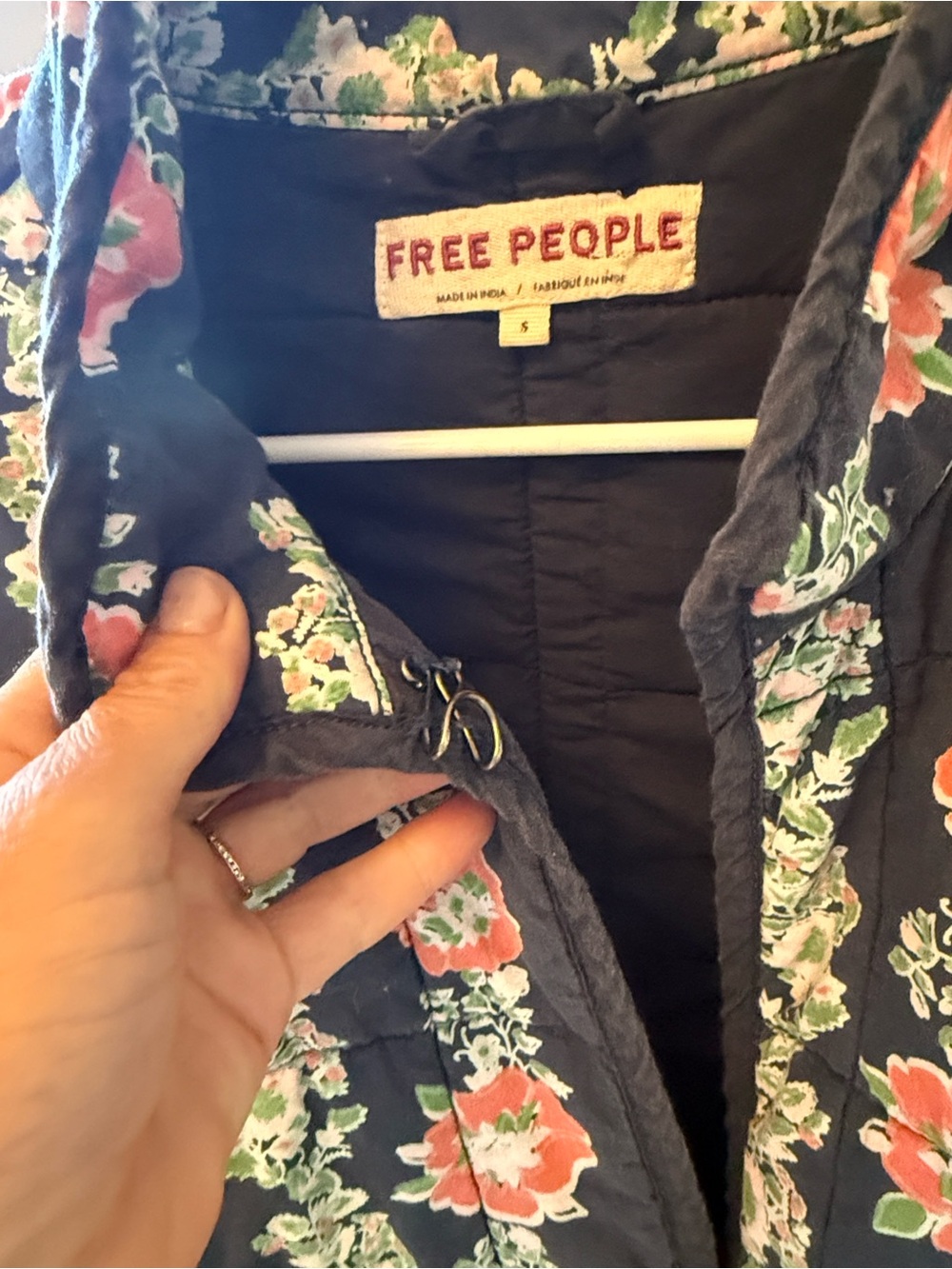 Free People Black Quilted Jacket with Coral & Cream Floral Print - Picture 5 of 10